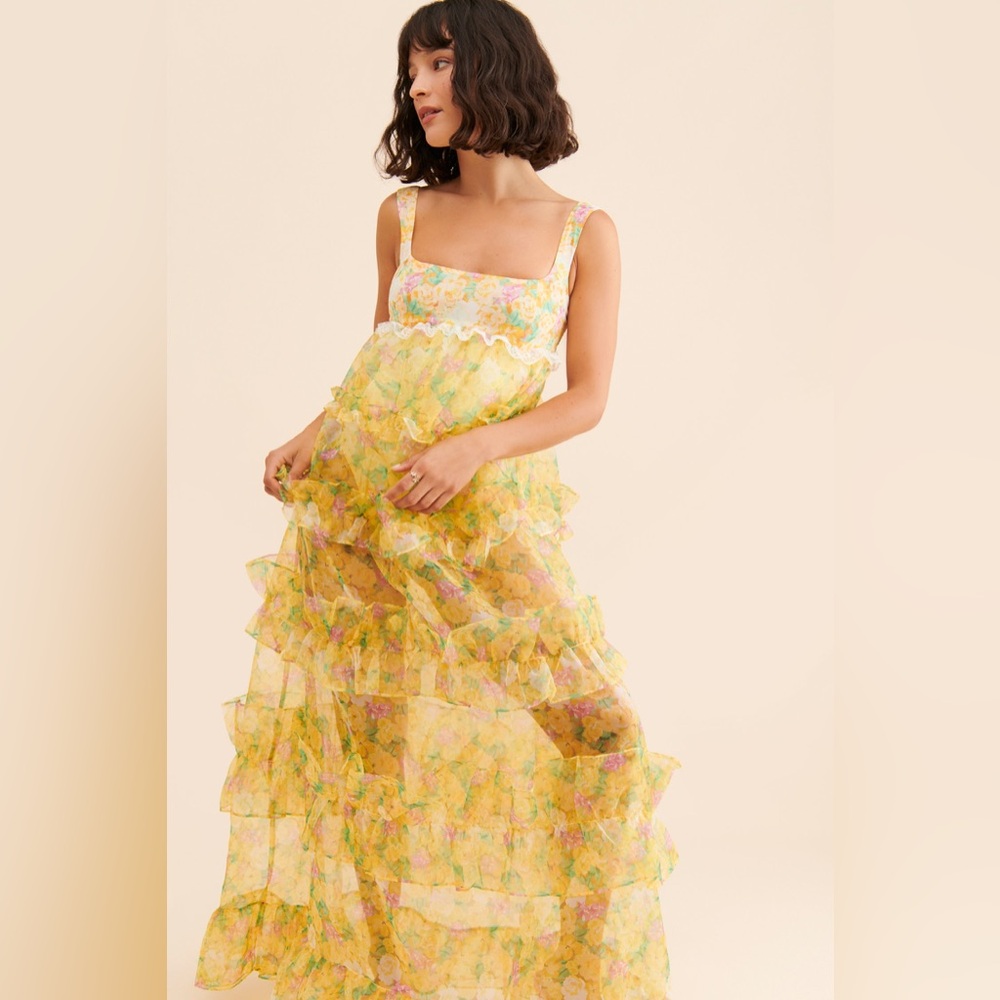 Yellow For Love And Lemons “Vikki” Floral Ruffle Maxi Dress Size Small NWT